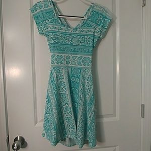 Teal cross-back flared skirt dress